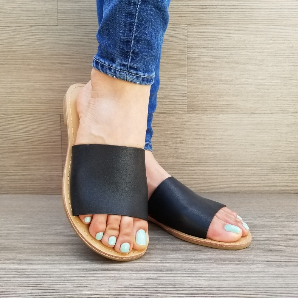 faux Leather Slip on Slider Black Flat Sandals-D - Picture 3 of 8